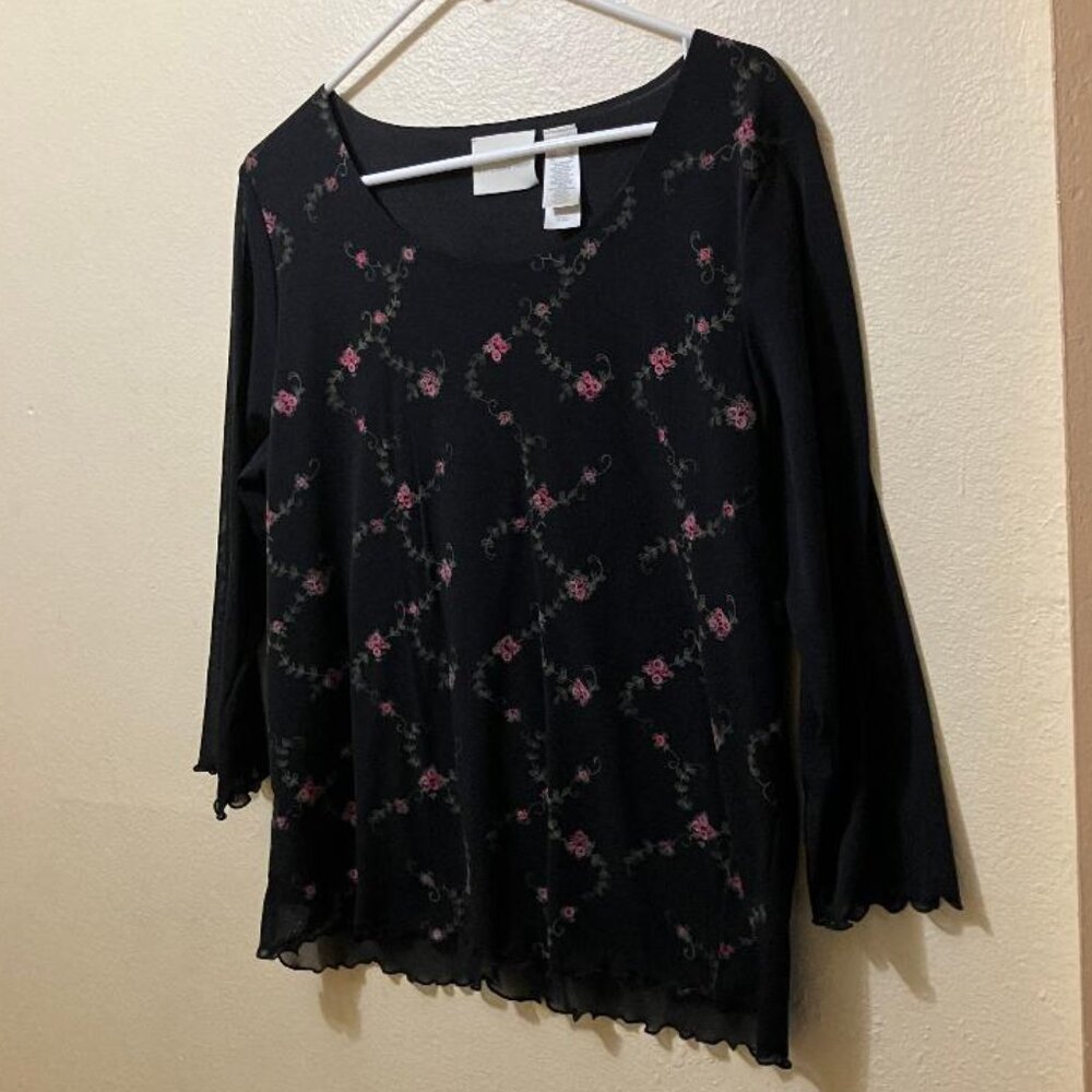 Y2K First Issue Womens Black Floral Semi Sheer Sleeve Lettuce Hem Blouse Size XL